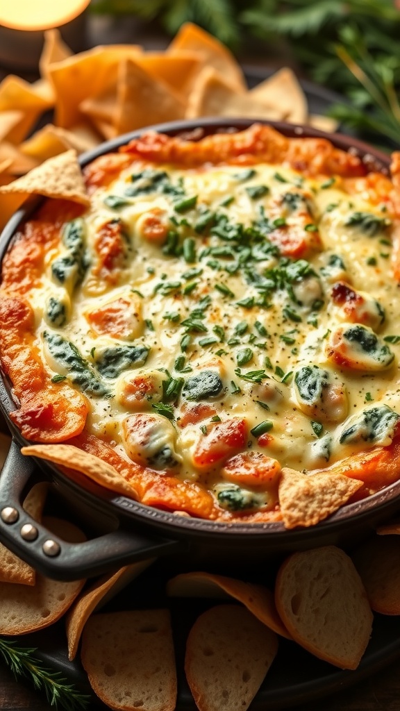A bowl of warm spinach and artichoke dip with chips and bread, ready for sharing at a holiday gathering.